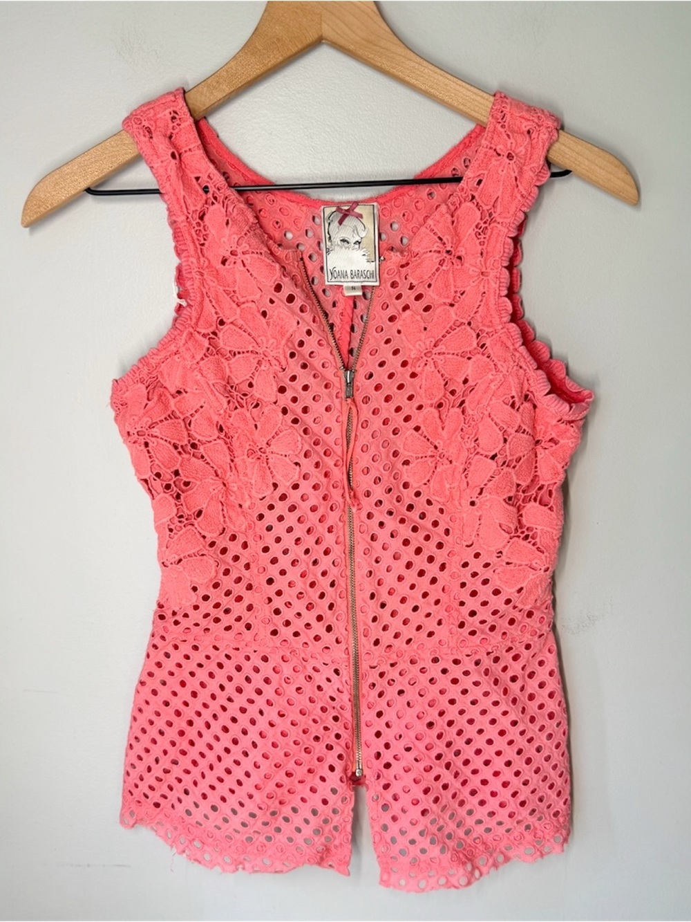 YOANA BARASCHI Coral Zip Front Mesh Eyelet Floral Y2K Tank Top Sz S